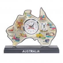 Beige, Australia-shaped clock with various Australiana symbols