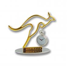 Gold kangaroo outline with clock suspended from paw area