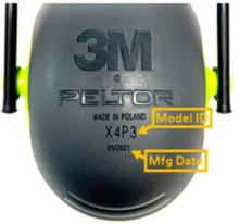 photograph of X4 earmuff model ID and production date code